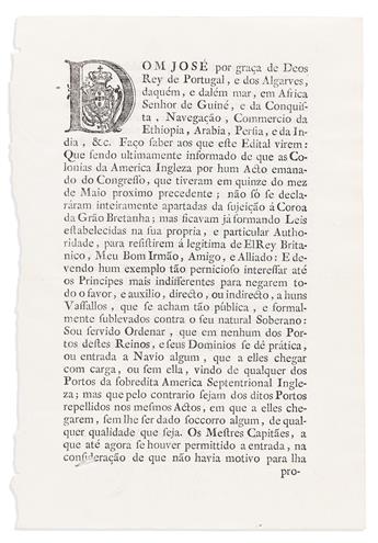 King José I of Portugal. 1776 decree announcing the Portuguese boycott of the American colonies; with another document